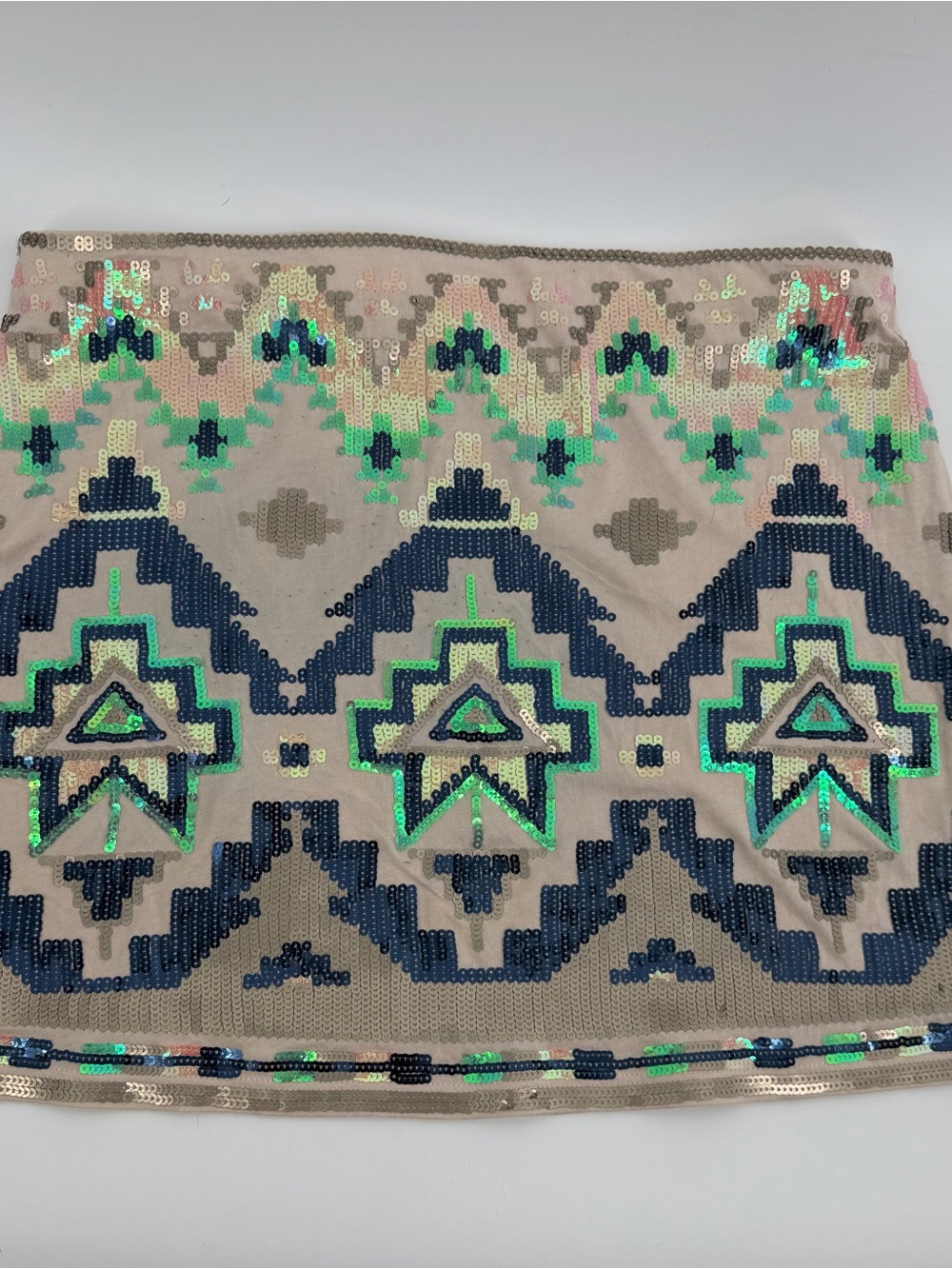 Express Beige Mini Skirt with Navy and Iridescent Green Sequin Pattern